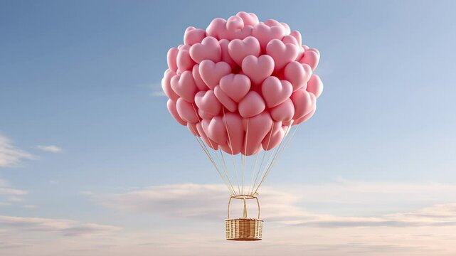 Heart-shaped pink balloons create a whimsical hot air balloon floating against a serene sky, symbolizing love and joy, capturing the essence of romance and adventure in a dreamy atmosphere