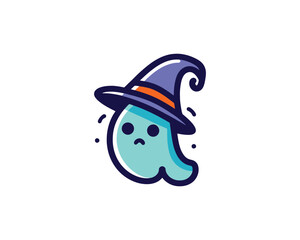 Cute ghost wearing a wizard hat and looking sad