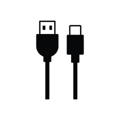 A minimalist black and white Silhouette illustration of a USB cable connection