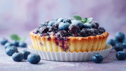 A delectable mini tart brimming with juicy blueberries, dusted with powdered sugar, sits on a white paper doily, surrounded by fresh blueberries