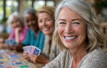 Elderly women playing board games with friends inside an elderly care facility, smiling and laughing together while having fun playing cards