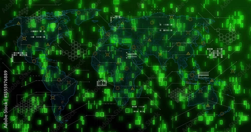 Poster world map appearing, cascading green bars, data symbols linking and blocks pulsing showing network