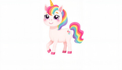 Fototapeta premium Cute cartoon unicorn with colorful mane and smiling expression 