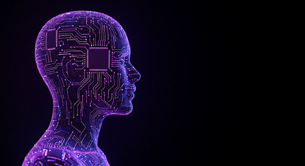 Digital evolution concept, abstract human silhouette merging with glowing digital board patterns, futuristic transformation, purple and blue tones, 8k