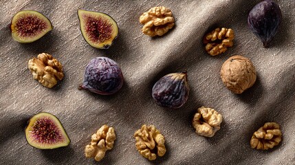 Top-down layout of dry figs and walnuts on natural linen, Mediterranean farmhouse vibe