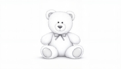 Soft white teddy bear sitting with ribbon on white background  