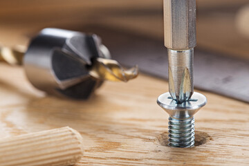 screwdriver screw in a wood oaks plank