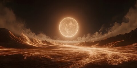 Glowing sun over a landscape with flowing lava and dark clouds creating a dramatic atmosphere view