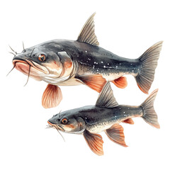 watercolor of A Mother Catfish With Her Kid, vector, isolated on a white background.