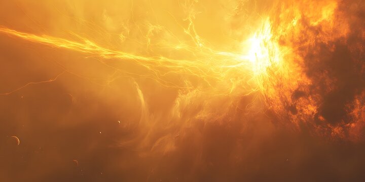 A bright orange and yellow abstract space scene with planets and nebula like formations in the distance