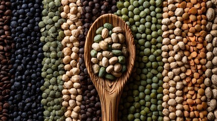 Top-down view of clean flat lay with olive wood spoon and rows of raw lentils, chickpeas, and fava beans