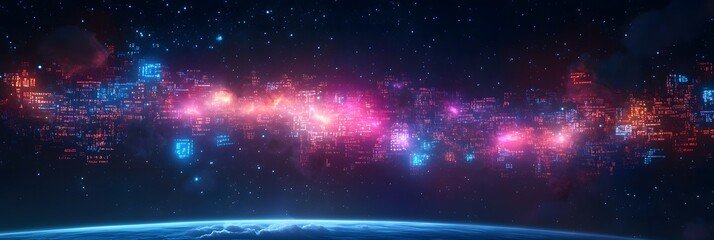 A digital galaxy over earth with vibrant colors and glowing elements in a cosmic backdrop view scene