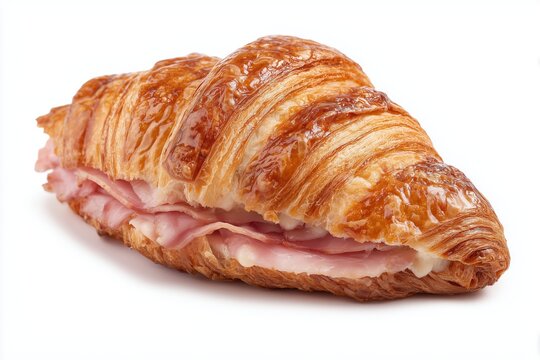 Delicious cachito filled ham croissant on white background showcasing flaky pastry and savory filling