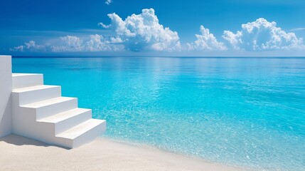 Fototapeta premium White Sand Steps Leading to a Turquoise Ocean Under a Bright Blue Sky with Fluffy Clouds