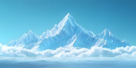 A scenic view of snow capped mountains rising above clouds under a clear blue sky in winter landscape