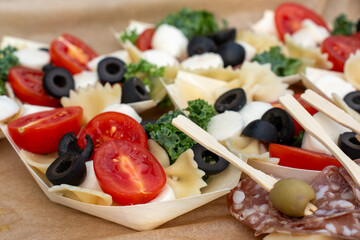 Close-up of Italian antipasto in eco-friendly tray with cherry tomatoes, black olives, mozzarella,...