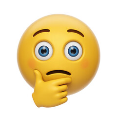 A thoughtful yellow emoji character with wide blue eyes and a hand resting on its chin contemplating a difficult question or idea isolated on transparent background