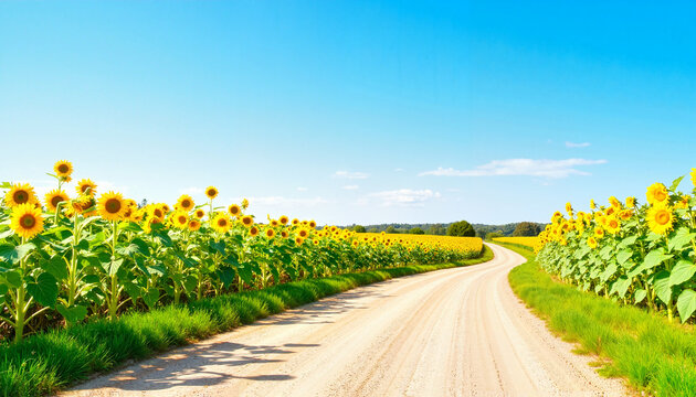 Scenic dirt road lined with sunflowers under clear blue sky  