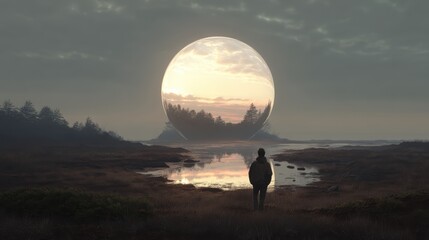 Surreal landscape with a person and giant moon.