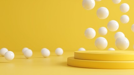 White Spheres Floating Upwards on Yellow Background