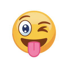A funny and playful yellow smiley face emoji with one eye open and the other winking sticking its pink tongue out isolated on transparent background