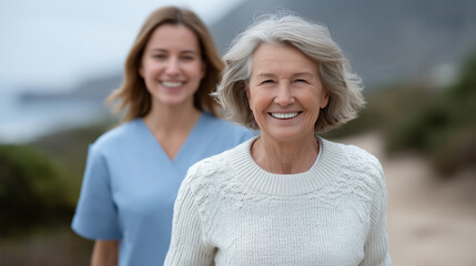 Obraz premium Nurse Assisting Elderly Woman in Outdoor Mobility
