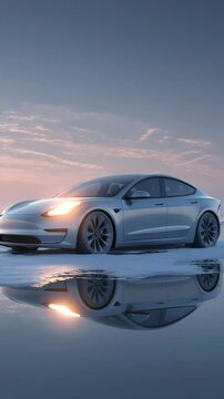 Elektroauto auf treibender Eisscholle bei Sonnenuntergang &ndash; Symbol f&uuml;r Hoffnung und Klimabewusstsein. K&uuml;nstliche Intelligenz KI