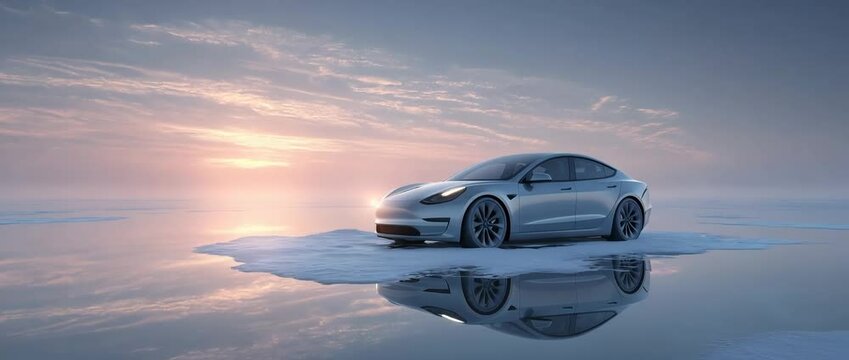 Elektroauto auf treibender Eisscholle bei Sonnenuntergang &ndash; Symbol f&uuml;r Hoffnung und Klimabewusstsein. K&uuml;nstliche Intelligenz KI