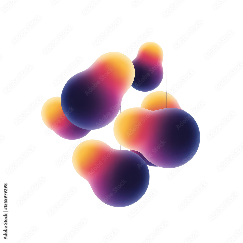 Poster abstract fluid blobs with vibrant gradient colors of purple yellow and pink suspended by thin dark s