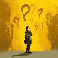 Fototapeta premium Contemplative person surrounded by questions.