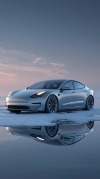 Elektroauto auf treibender Eisscholle bei Sonnenuntergang &ndash; Symbol f&uuml;r Hoffnung und Klimabewusstsein. K&uuml;nstliche Intelligenz KI