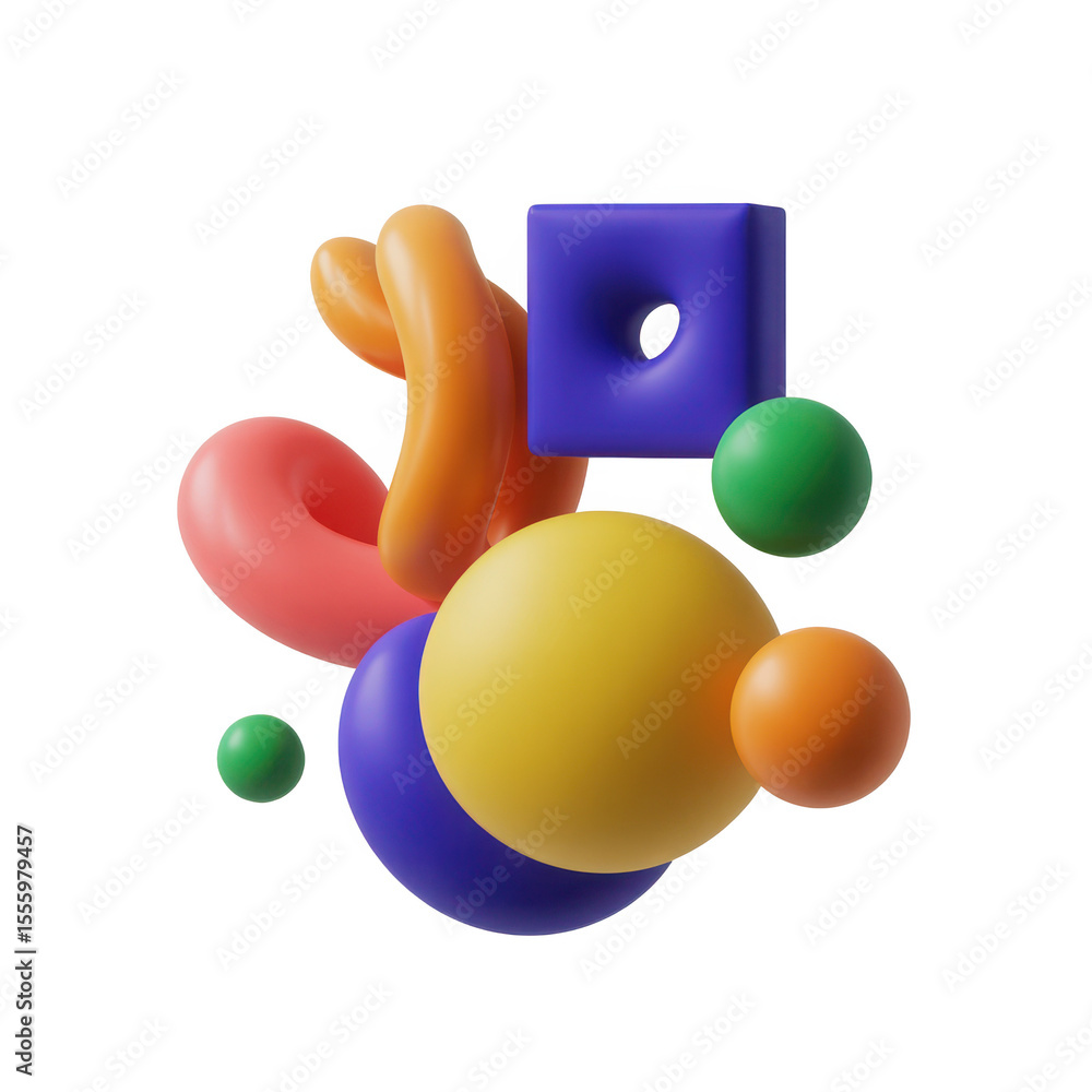 Poster abstract arrangement of colorful 3d geometric shapes including spheres torus and cube with a hole is