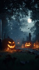 Fototapeta premium Spooky Halloween scene with carved pumpkins.