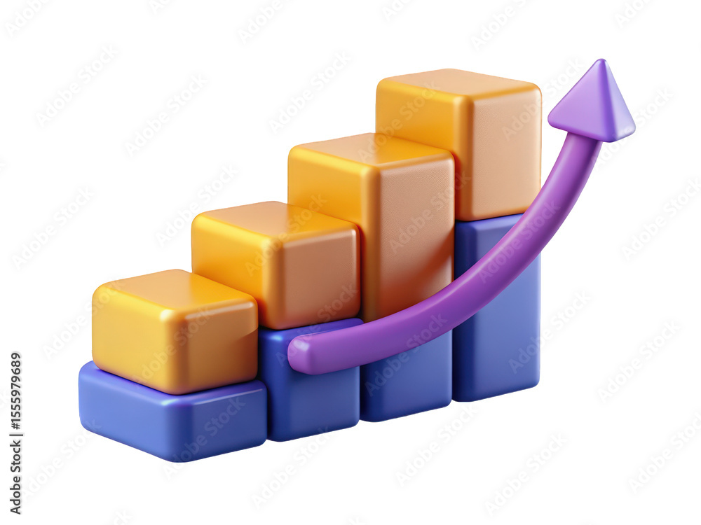 Poster abstract 3d render of a colorful ascending bar graph showing growth and success with orange and purp