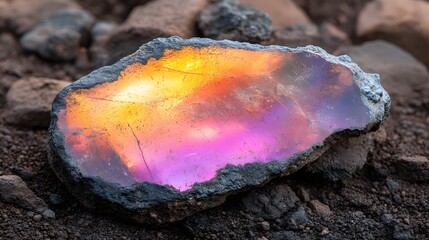 Close up of a colorful gemstone with a dark outer layer on a rocky surface outdoors