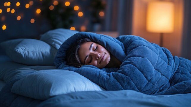 Nighttime shot of woman sleeping in oversized weighted blanket, folds emphasize pressure therapy and mental stillness in dark calming bedroom setting