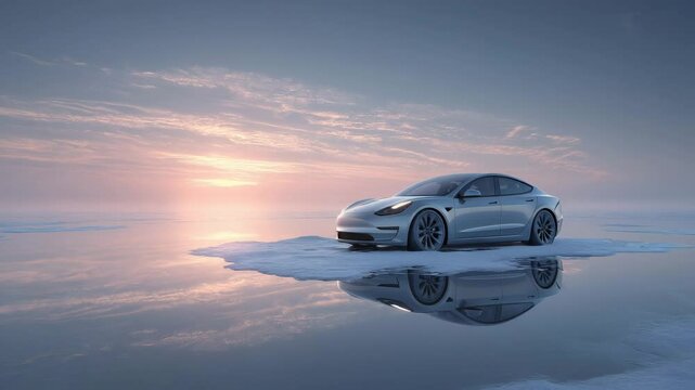 Elektroauto auf treibender Eisscholle bei Sonnenuntergang &ndash; Symbol f&uuml;r Hoffnung und Klimabewusstsein. K&uuml;nstliche Intelligenz KI