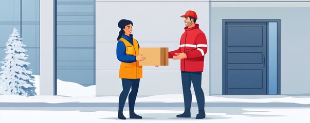 Client receiving a food package from the delivery man., Generative AI