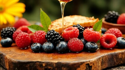 Fresh mixed berries on wooden board with honey drizzling down, including raspberries, blackberries, and blueberries.