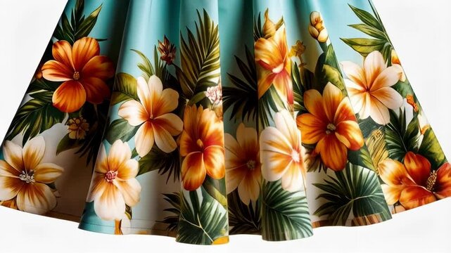 Light blue tropical fabric skirt with a border of orange and white hibiscus flowers and leafy fronds on a white background.