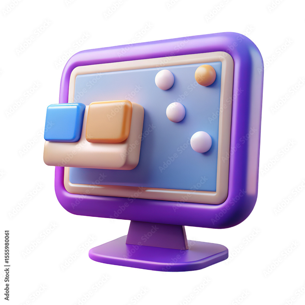 Aufkleber Colorful 3d render of a modern computer monitor with pastel buttons and user interface elements for digital design and technology concepts ui ux web app icon blue cute beige on transparent background