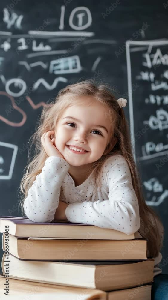 Poster Elementary school student smiling while leaning on a stack of books in front of a blackboard with drawings and math exercises, enjoying her back to school time