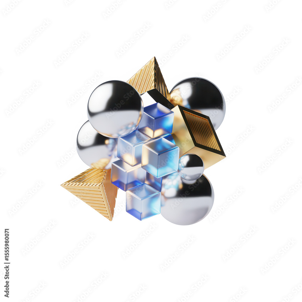 Poster abstract composition of shiny metallic spheres golden pyramids and translucent blue cubes arranged i