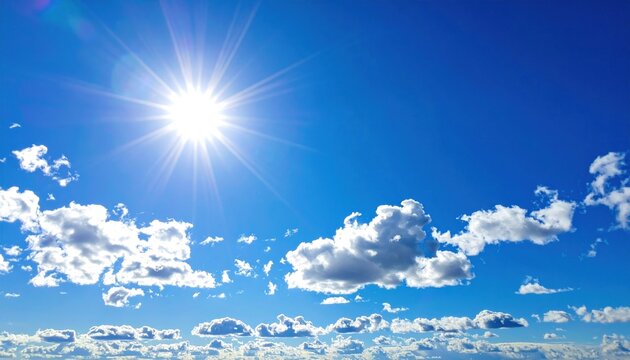 Radiant Sunburst Over Tranquil Sky with Fluffy Cumulus Clouds, Vibrant Blue