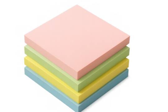 Vibrant sticky notes stacked neatly, showcasing organizational potential for brainstorming and note-taking on clear backdrop