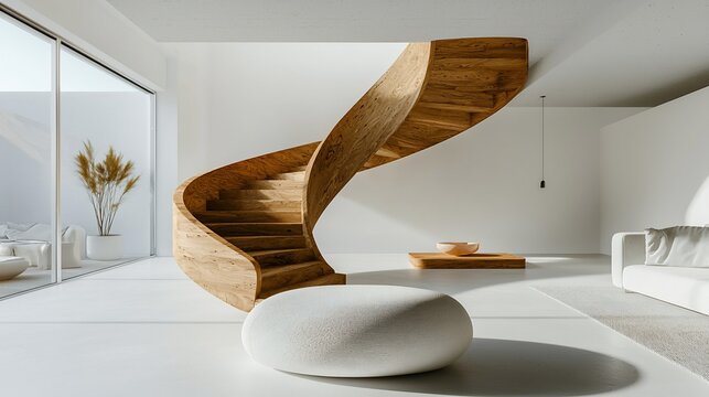 Modern home interior showcases a wooden spiral staircase, minimal furnishings, and white decor