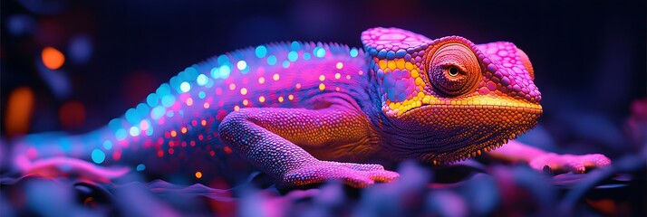 A colorful chameleon with glowing spots resting on leaves in a dark and vibrant environment setting