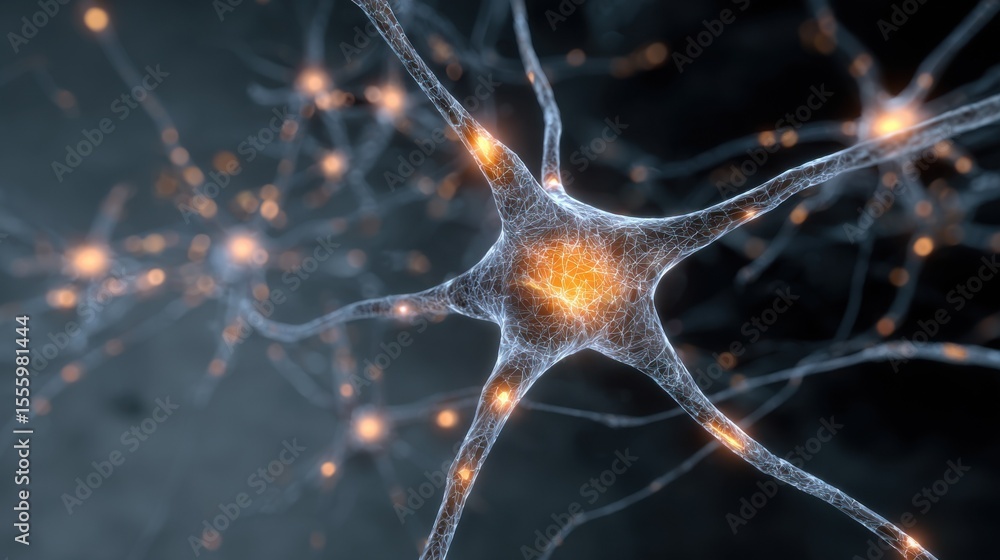 Poster a digital illustration of neural cells with glowing synapses, representing brain activity and neural
