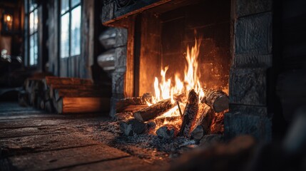 Fototapeta premium A cozy fireplace burning bright in a rustic cabin, with firewood stacked nearby and warm light illuminating the wooden interior.