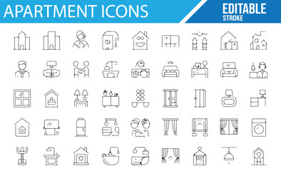 A collection of editable apartment and home-related icons, including symbols for furniture, appliances, rooms, and household items.